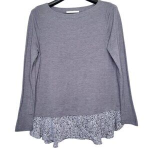 LOFT Gray Leopard Animal Print Ruffle Trim Long Sleeve Top, Size LP